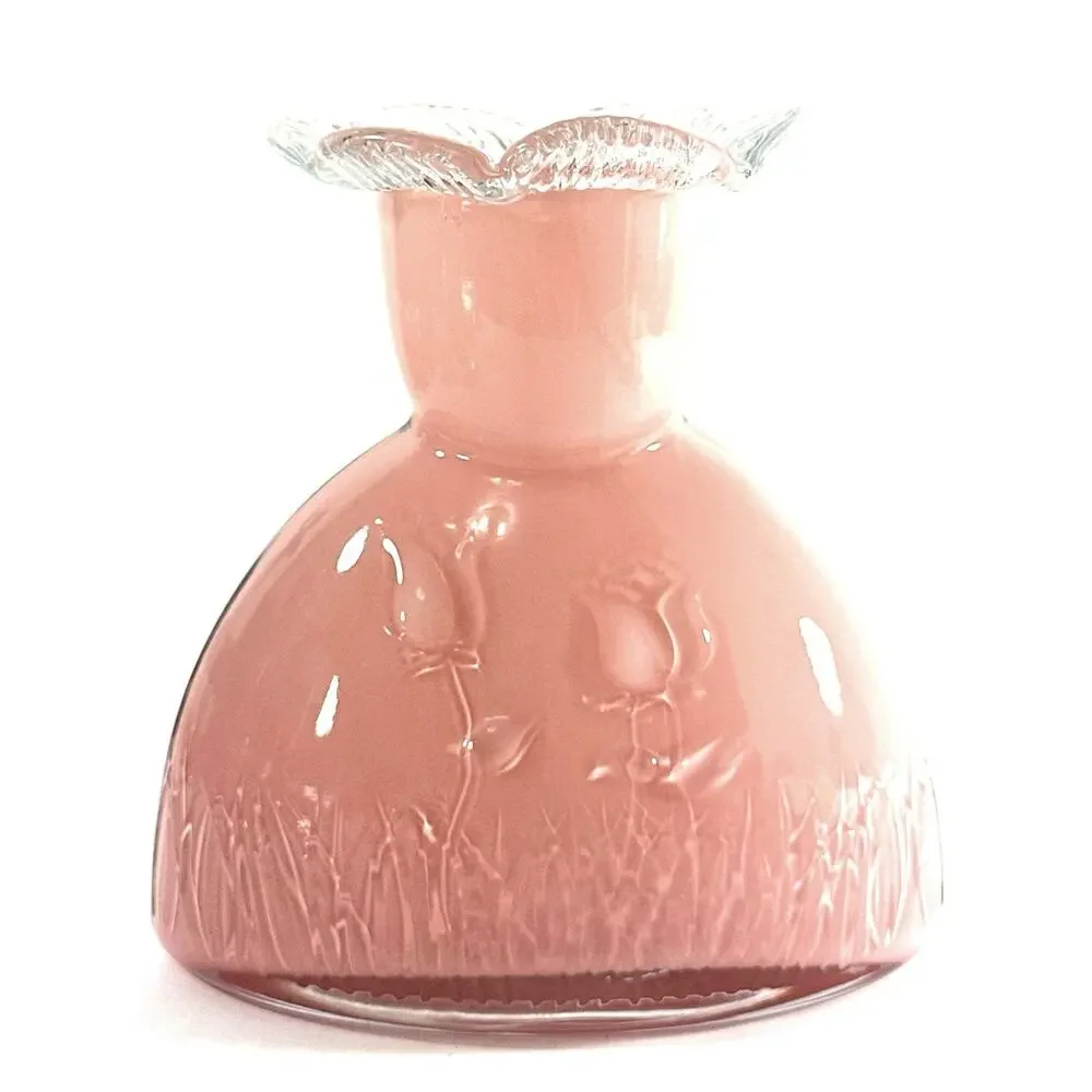 Vintage Pink Satin Glass Vase Embossed Floral Clear Ruffled Rim 7.5” Art Glass